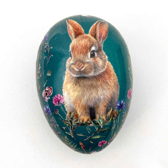 4-1/2" Bunny with Flowers on Teal Papier Mache Easter Egg Container ~ Germany